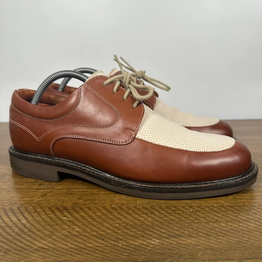 Johnston Murphy Shoes Mens 9.5 Brown Cream Handcrafted Leather Oxford Italy